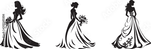 Photos Wedding dress silhouettes, brides in gown, bouquets, black and white vector icon