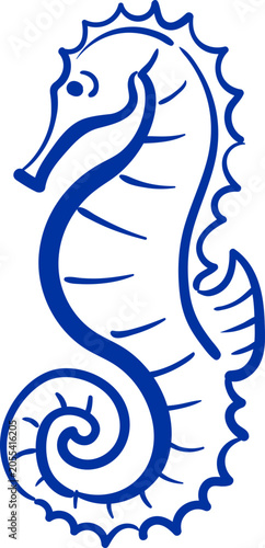 Sea horse hand drawing in blue ink. Pelagian sketch.