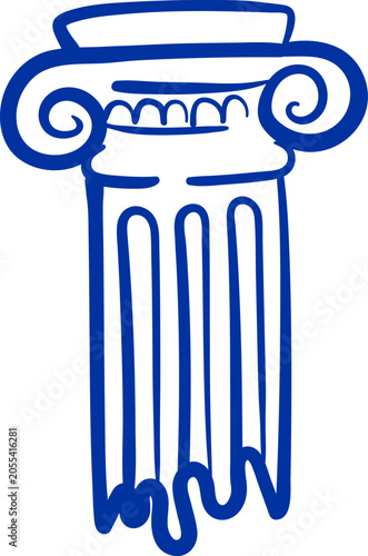 Italian column hand drawing in blue ink. Architectural element sketch.