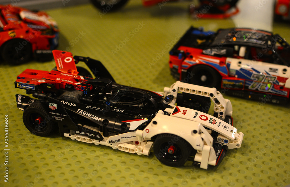 Naklejka premium A Lego car at a Lego brick exhibition. Poland. Warsaw.