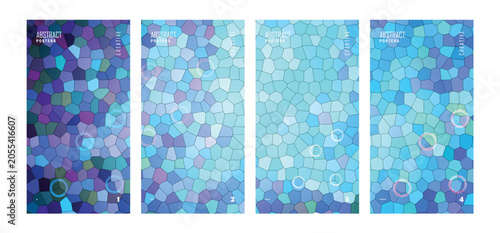 Abstract blue geometric poster template set with overlapping circular rings and curves.