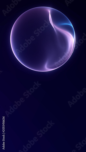 Vertical abstract purple energy sphere with flowing light forms and clean dark space, ideal for AI interface screens, science concepts and digital branding.