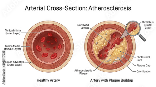 Canvastavla Arterial cross-section comparison shows healthy artery versus artery with plaque buildup and calcification
