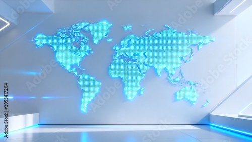 World map digital display in futuristic room