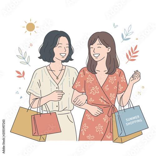 Two smiling young women arm in arm, carrying shopping bags, enjoying a day out together