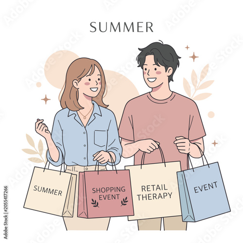 A smiling man and woman holding shopping bags with 'Summer', 'Shopping Event', 'Retail Therapy', and 'Event' written on them, suggesting a fun retail experience.