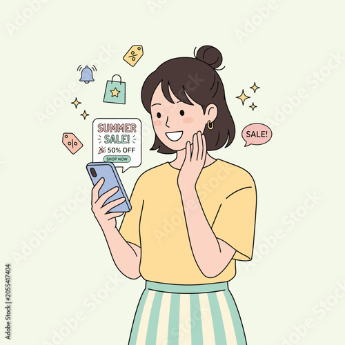A happy young woman is holding her phone and looking at it with excitement, possibly due to a sale or good deal.