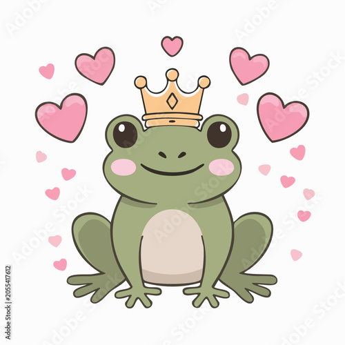 Cute Frog Princess with Crown and Hearts