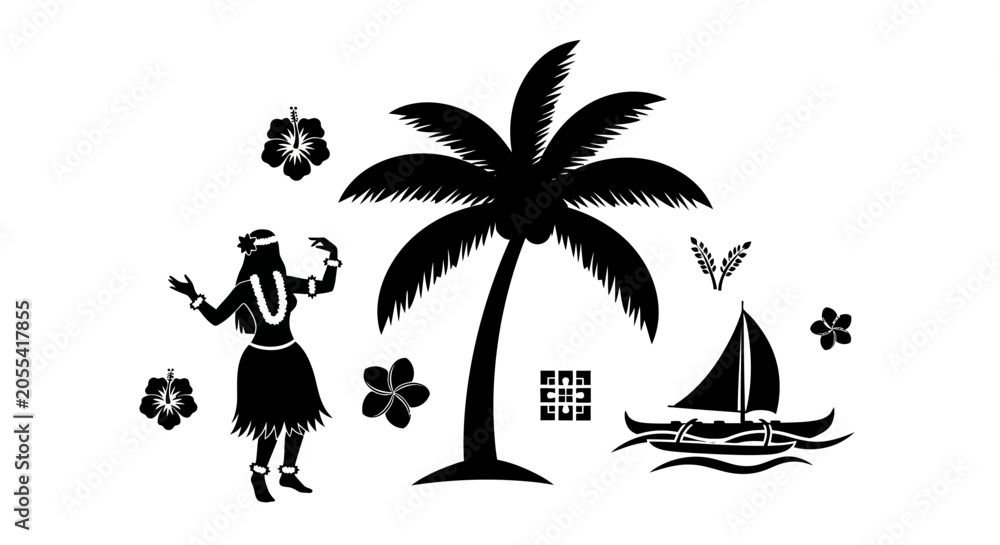 Fototapeta premium Black and white hawaiian hula dancer and palm tree vector illustration.