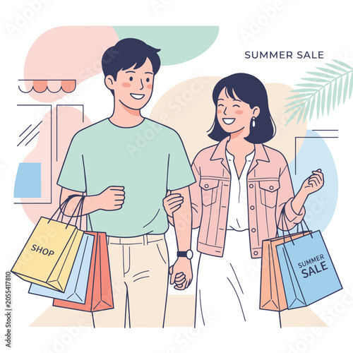 A smiling couple walks arm-in-arm, carrying shopping bags during a summer sale event.