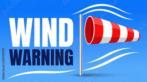 Wind Warning Poster With Windsock Illustration on Blue Background, Strong Wind and Gale Weather Alert Concept