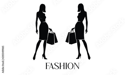 Fashion and Retail Shopping Concept. Minimalist Black and White Illustration of Two Elegant Women Silhouettes Holding Shopping Bags with Clean Serif Typography.