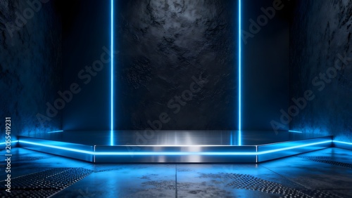 Blue neon illuminated stage platform
