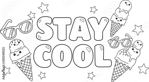 Silhouette of stay cool phrase with ice cream cones and sunglasses