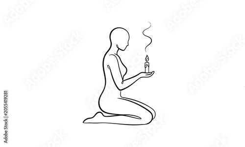 Mindfulness and Inner Peace Concept. Minimalist Line Art of a Kneeling Woman Holding a Burning Candle with Swirling Smoke. Spiritual Wellness Vector Illustration.