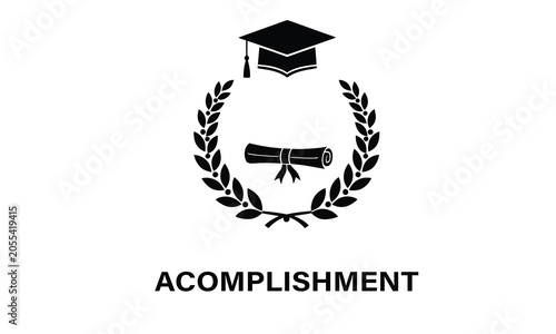 Academic Graduation and Accomplishment Concept. Minimalist Black and White Icon Featuring a Laurel Wreath, Degree Diploma Scroll, and Mortarboard Cap. Vector Graphic.