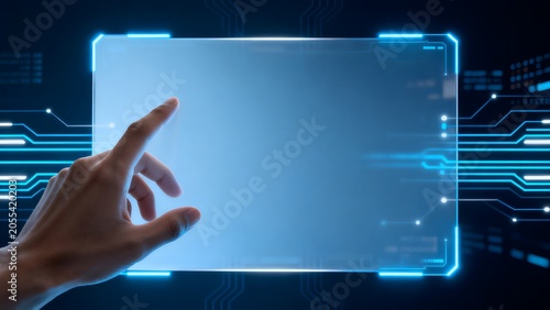 Hand interacting with futuristic digital interface