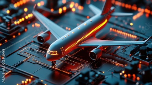 Illuminated airplane on circuit board futuristic cityscape digital art nighttime aerial perspective technology concept