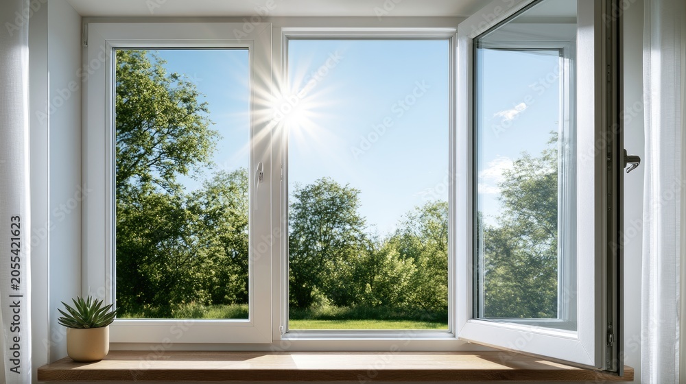Fototapeta premium Bright sun shines through open window, framing lush green trees and clear blue sky