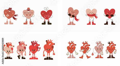 Cute heart characters in various poses and emotions on white background