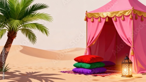 Desert tent with palm tree and cushions