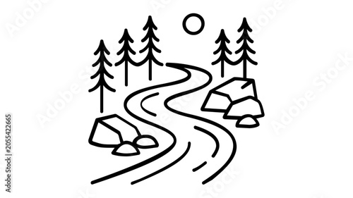 Minimalist winding forest river stream line icon vector illustration, featuring a flowing water path through nature, perfect for outdoor travel maps, camping guides, and adventure tourism.