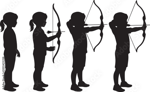 Collection of children silhouettes learning archery with bows and arrows