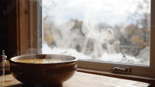 Steaming bowl of hot soup on a wooden table by a window with autumn foliage view