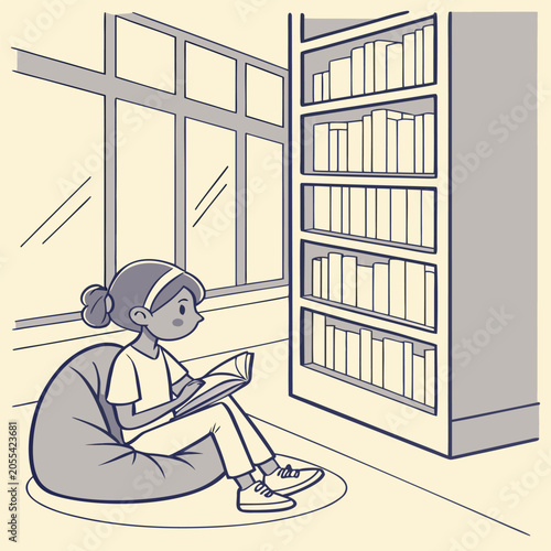 Cute girl sitting on beanbag chair reading book in library illustration with education bookshelf illustration learning knowledge academic