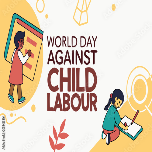 Educational poster for world day against child labour with studying children education awareness campaign illustration learning equality