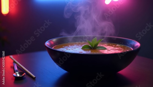 Steaming orange soup in black bowl with mint garnish
