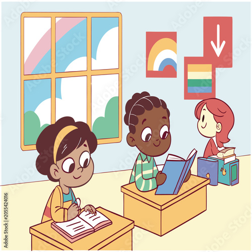 Students sitting at desks in classroom studying books with classroom students learning children education notebook academic knowledge