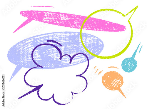 A set of colorful, hand- drawn speech and thought bubbles isolated on a white background. Vibrant collection of variety of organic shapes and sizes, in a playful doodle style with a realistic crayon