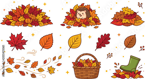 Schilderij op canvas Cute Autumn Fall Illustration Set Featuring Hedgehogs in Maple Leaf Piles Blowin