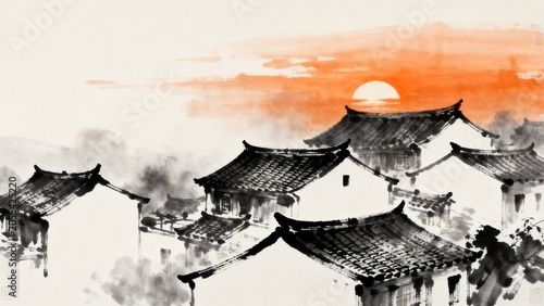 Traditional Asian village at sunset