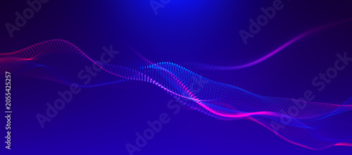 Abstract background with dynamic color wave. Futuristic dotted wave of bright particles. Colorful background for presentation design. Wide format 3D illustration.