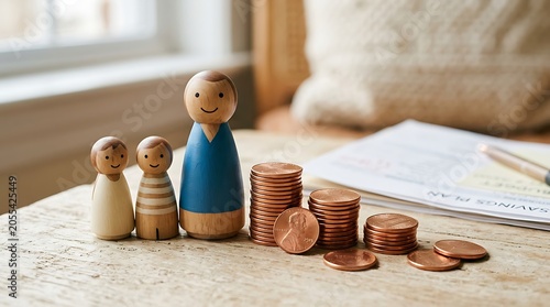 Wooden peg dolls with coins and financial planning documents
