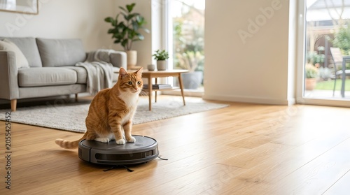 A cat is resting on top of a robot vacuum in a modern room with sunlight coming through the windows. There are plants and a sofa visible nearby