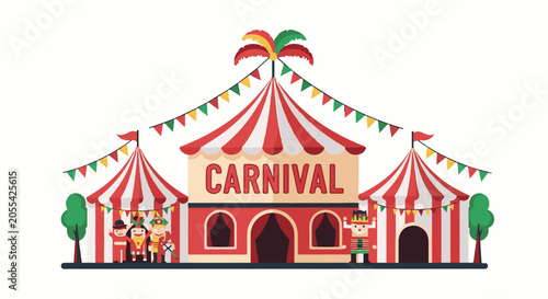 A festive carnival scene with striped tents, colorful banners, and playful characters