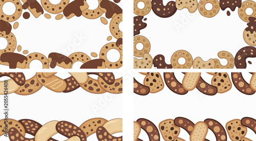 Four frames with borders of assorted sweet cookies on white background
