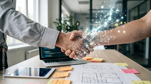 Handshake with digital network connection business deal and technology concept