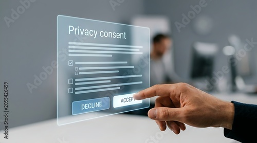 Privacy consent form on a transparent screen with a hand touching it