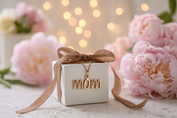 Mother's Day gift box mockup with gold mom necklace on white cube. Soft pink peonies and warm bokeh lights background. Festive greeting card layout for birthday, anniversary or female holiday. Banner