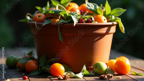 Terracotta pot filled with ripe tomatoes and berries