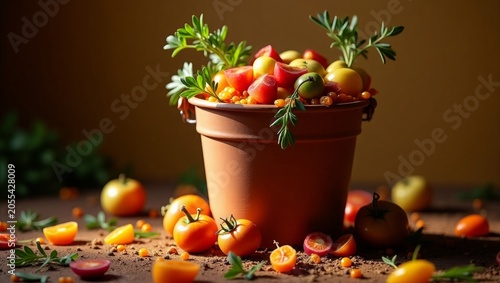 Terracotta pot overflowing with colorful cherry tomatoes and herbs