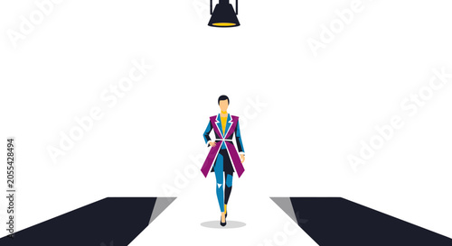 Bild auf Leinwand A stylish person walking down a runway under a spotlight.