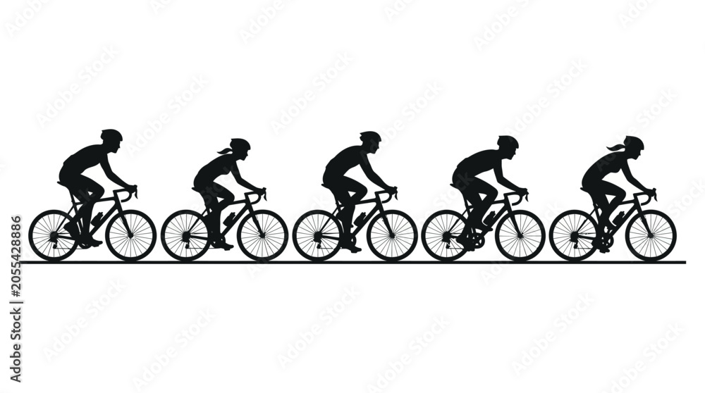 Fototapeta premium Black silhouettes of cyclists riding bicycles in a row.