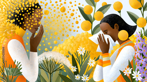 Illustration of seasonal pollen allergy sufferers sneezing among blooming flowers and airborne pollen highlighting allergic reactions respiratory symptoms and spring health challenges