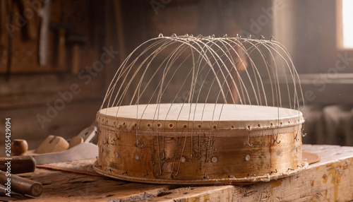 A drumhead under a crown of wires, waiting for a spell in the dusty workshop light