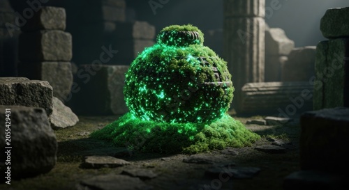 Glowing green moss covered ancient stone.